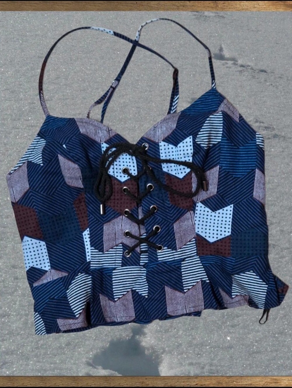 Free People Patchwork Lace Up Corset Cami Top Blue Multi S/P